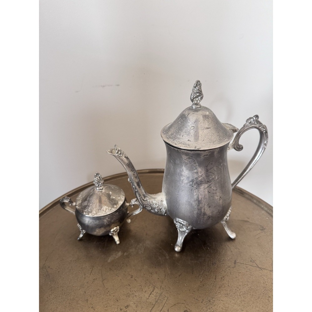 Sterling Silver Plate Plated Tea Set Pot Sugar Lids Victorian Vintage Decor  2 P